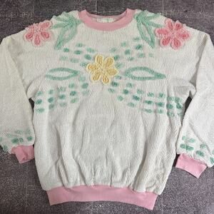 Women's Vintage 90's Chenille 3D Custom Floral Sunshine Towel Sweatshirt Sz XL